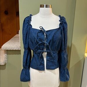 NWT Deadstock 90’s Taxi Dark Wash Denim Tie Front Square Neck Puff Sleeve Top M